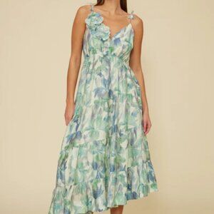 Lucy Paris Moret Blue Green Asymmetric Linen Blend Cottagecore Dress sz M NWT